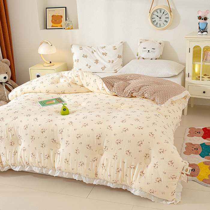 91家纺网 家纺一手货源 找家纺 芯恋家居 2025新款全棉皱皱纱双层纱豆豆被大豆被可爱喵喵