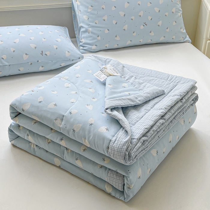 憨豆家纺 2025新款双面全棉夏被可机洗小清新纯棉夏被薄被芯空调被子夏凉被 草莓果园-蓝