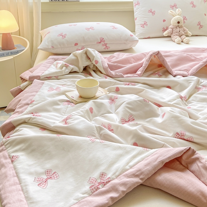 91家纺网 家纺一手货源 找家纺 憨豆家纺 2025新款双面全棉夏被可机洗小清新纯棉夏被薄被芯空调被子夏凉被 蝴蝶结