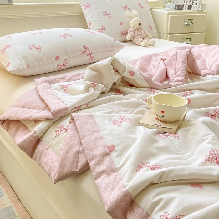 91家纺网 家纺一手货源 找家纺 憨豆家纺 2025新款双面全棉夏被可机洗小清新纯棉夏被薄被芯空调被子夏凉被 蝴蝶结