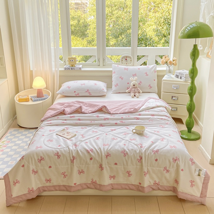 91家纺网 家纺一手货源 找家纺 憨豆家纺 2025新款双面全棉夏被可机洗小清新纯棉夏被薄被芯空调被子夏凉被 蝴蝶结