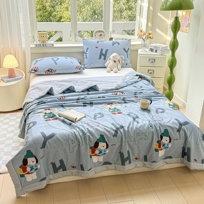 91家纺网 家纺一手货源 找家纺 憨豆家纺 2025新款双面全棉夏被可机洗小清新纯棉夏被薄被芯空调被子夏凉被 蒙奇奇-蓝