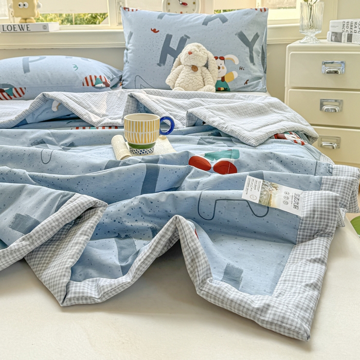 91家纺网 家纺一手货源 找家纺 憨豆家纺 2025新款双面全棉夏被可机洗小清新纯棉夏被薄被芯空调被子夏凉被 蒙奇奇-蓝