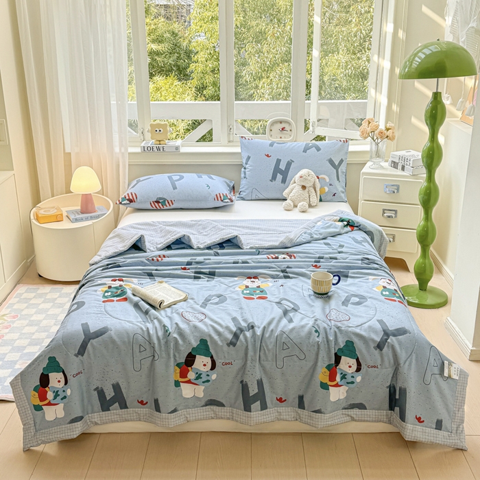 91家纺网 家纺一手货源 找家纺 憨豆家纺 2025新款双面全棉夏被可机洗小清新纯棉夏被薄被芯空调被子夏凉被 蒙奇奇-蓝