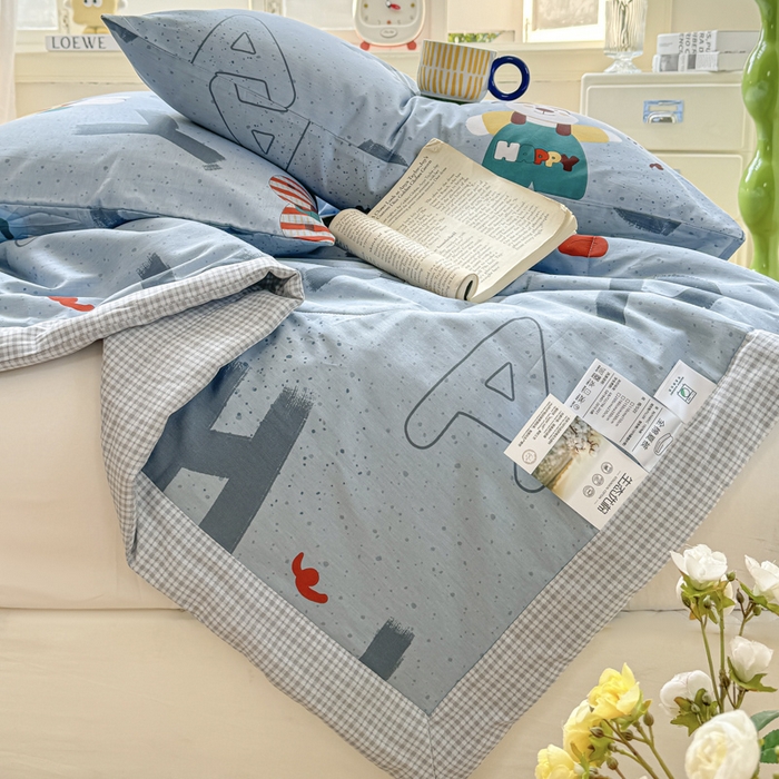 91家纺网 家纺一手货源 找家纺 憨豆家纺 2025新款双面全棉夏被可机洗小清新纯棉夏被薄被芯空调被子夏凉被 蒙奇奇-蓝