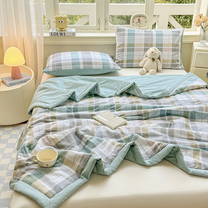 91家纺网 家纺一手货源 找家纺 憨豆家纺 2025新款双面全棉夏被可机洗小清新纯棉夏被薄被芯空调被子夏凉被 绿色格调