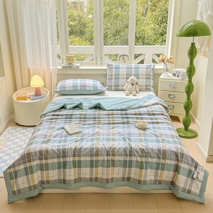 91家纺网 家纺一手货源 找家纺 憨豆家纺 2025新款双面全棉夏被可机洗小清新纯棉夏被薄被芯空调被子夏凉被 绿色格调