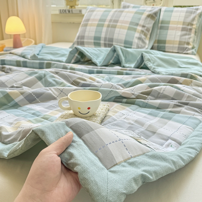 91家纺网 家纺一手货源 找家纺 憨豆家纺 2025新款双面全棉夏被可机洗小清新纯棉夏被薄被芯空调被子夏凉被 绿色格调