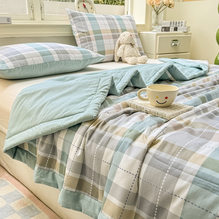 91家纺网 家纺一手货源 找家纺 憨豆家纺 2025新款双面全棉夏被可机洗小清新纯棉夏被薄被芯空调被子夏凉被 绿色格调