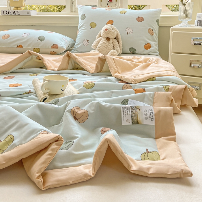 91家纺网 家纺一手货源 找家纺 憨豆家纺 2025新款双面全棉夏被可机洗小清新纯棉夏被薄被芯空调被子夏凉被 南瓜派对