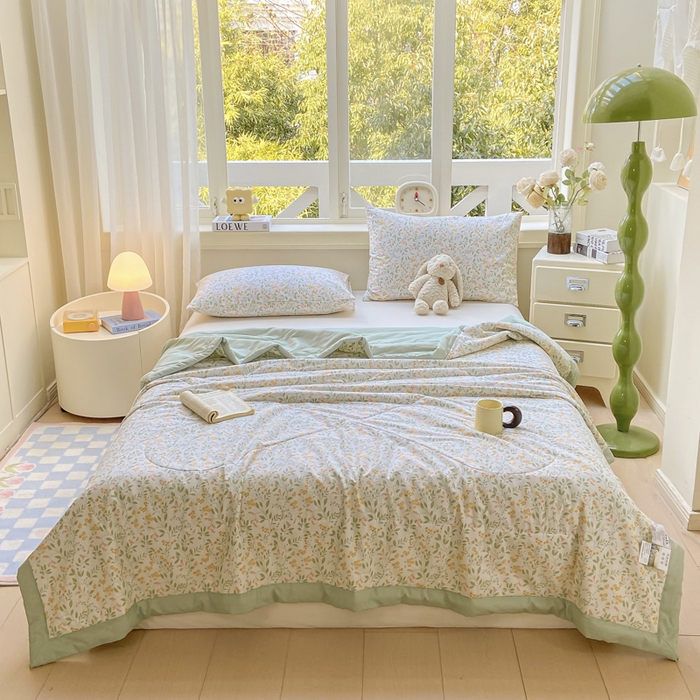 91家纺网 家纺一手货源 找家纺 憨豆家纺 2025新款双面全棉夏被可机洗小清新纯棉夏被薄被芯空调被子夏凉被 千野-绿