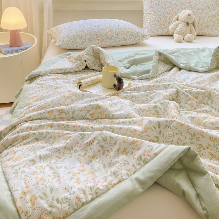 91家纺网 家纺一手货源 找家纺 憨豆家纺 2025新款双面全棉夏被可机洗小清新纯棉夏被薄被芯空调被子夏凉被 千野-绿