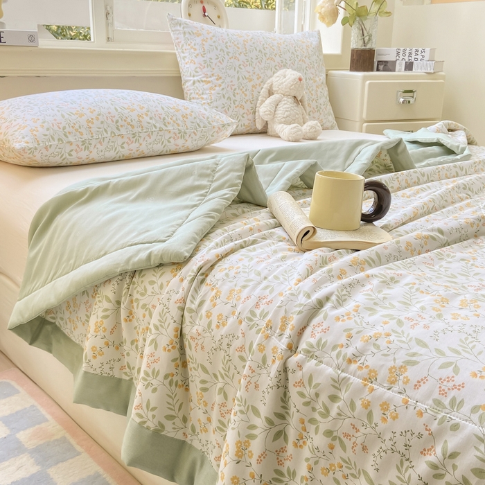 91家纺网 家纺一手货源 找家纺 憨豆家纺 2025新款双面全棉夏被可机洗小清新纯棉夏被薄被芯空调被子夏凉被 千野-绿