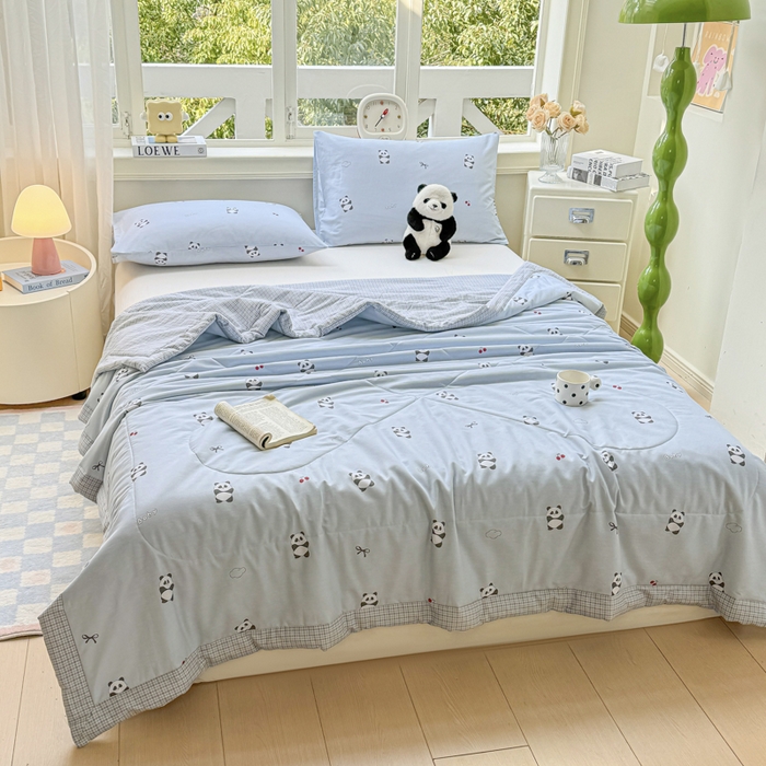 91家纺网 家纺一手货源 找家纺 憨豆家纺 2025新款双面全棉夏被可机洗小清新纯棉夏被薄被芯空调被子夏凉被 熊猫宝宝