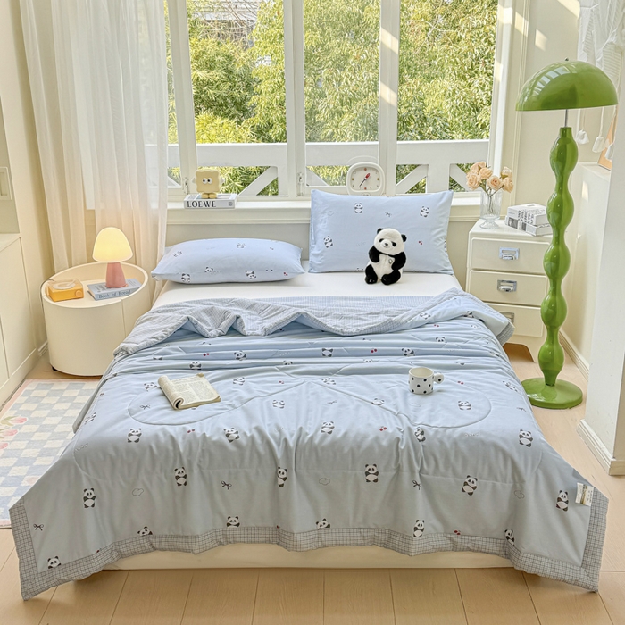 91家纺网 家纺一手货源 找家纺 憨豆家纺 2025新款双面全棉夏被可机洗小清新纯棉夏被薄被芯空调被子夏凉被 熊猫宝宝