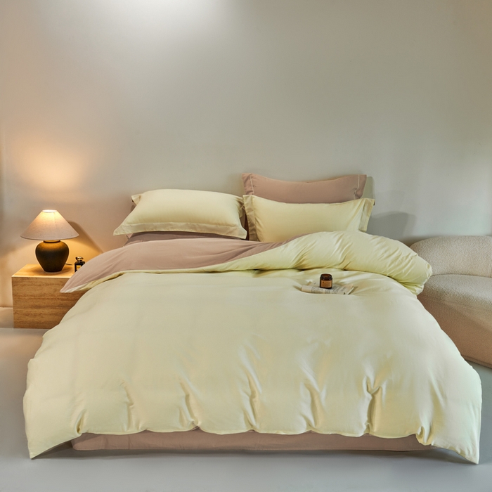 91家纺网 家纺一手货源 找家纺 沃尔居 2025新款全棉磨毛四件套正宗加厚长绒棉贡缎100%纯棉四件套（含买家秀）-莫兰迪 莫兰迪-奶昔黄拼卡其