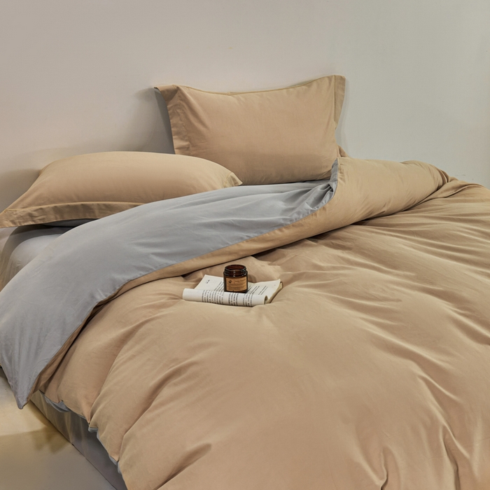 91家纺网 家纺一手货源 找家纺 沃尔居 2025新款全棉磨毛四件套正宗加厚长绒棉贡缎100%纯棉四件套（含买家秀）-莫兰迪 莫兰迪-卡其拼浅灰