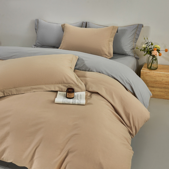 91家纺网 家纺一手货源 找家纺 沃尔居 2025新款全棉磨毛四件套正宗加厚长绒棉贡缎100%纯棉四件套（含买家秀）-莫兰迪 莫兰迪-卡其拼浅灰