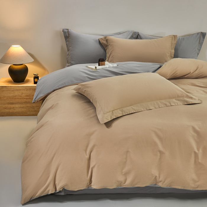 91家纺网 家纺一手货源 找家纺 沃尔居 2025新款全棉磨毛四件套正宗加厚长绒棉贡缎100%纯棉四件套（含买家秀）-莫兰迪 莫兰迪-卡其拼浅灰