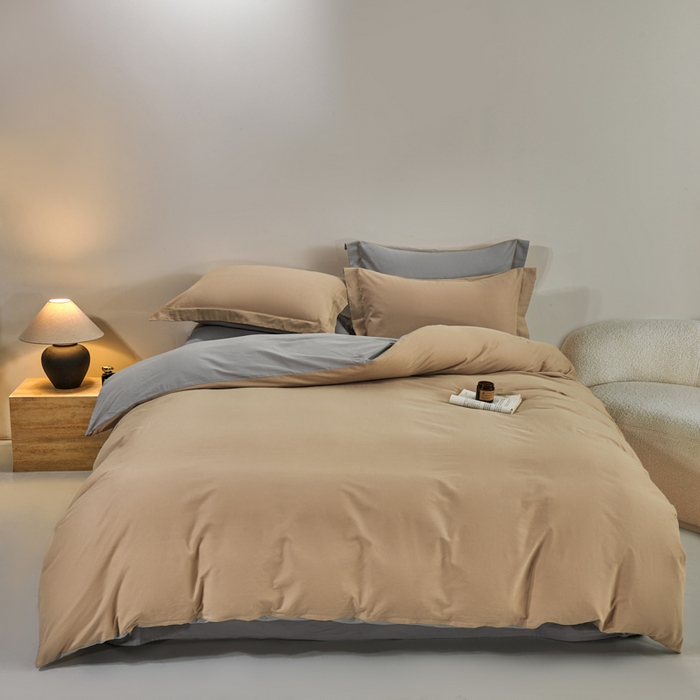 91家纺网 家纺一手货源 找家纺 沃尔居 2025新款全棉磨毛四件套正宗加厚长绒棉贡缎100%纯棉四件套（含买家秀）-莫兰迪 莫兰迪-卡其拼浅灰