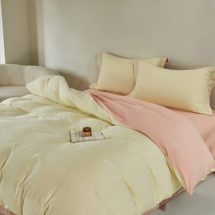 91家纺网 家纺一手货源 找家纺 沃尔居 2025新款全棉磨毛四件套正宗加厚长绒棉贡缎100%纯棉四件套（含买家秀）-莫兰迪 莫兰迪-奶昔黄拼蔷薇粉