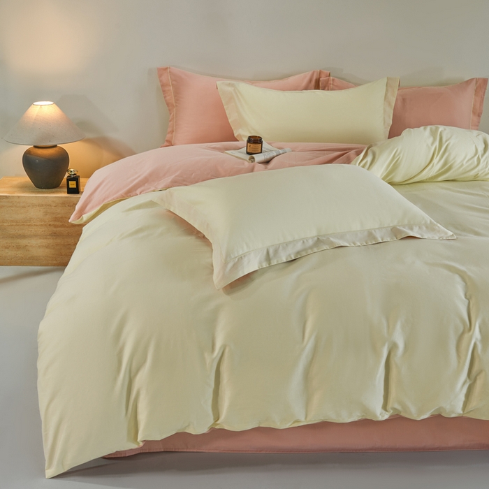 91家纺网 家纺一手货源 找家纺 沃尔居 2025新款全棉磨毛四件套正宗加厚长绒棉贡缎100%纯棉四件套（含买家秀）-莫兰迪 莫兰迪-奶昔黄拼蔷薇粉