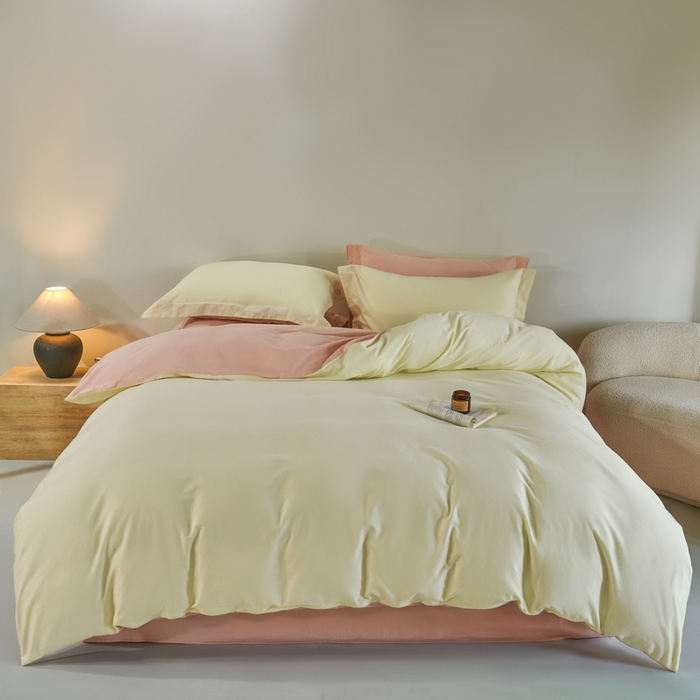 91家纺网 家纺一手货源 找家纺 沃尔居 2025新款全棉磨毛四件套正宗加厚长绒棉贡缎100%纯棉四件套（含买家秀）-莫兰迪 莫兰迪-奶昔黄拼蔷薇粉