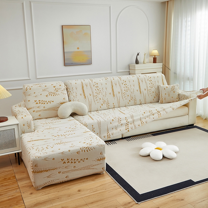 91家纺网 家纺一手货源 找家纺 丝绮鹿 2025新款雕花绒-麦浪沙发套松紧款（贵妃图）麦浪系列 麦浪-奶白