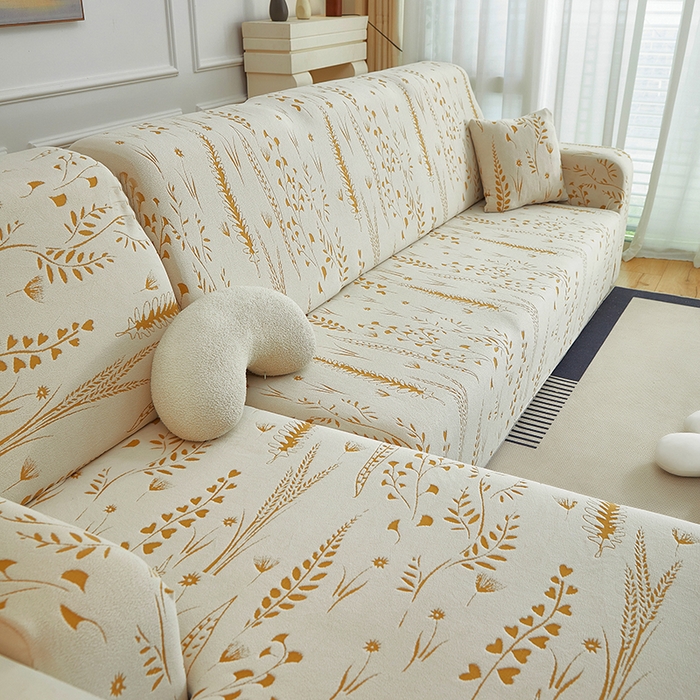 91家纺网 家纺一手货源 找家纺 丝绮鹿 2025新款雕花绒-麦浪沙发套松紧款（贵妃图）麦浪系列 麦浪-奶白