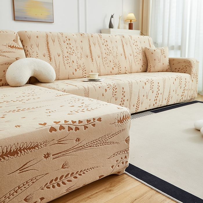 91家纺网 家纺一手货源 找家纺 丝绮鹿 2025新款雕花绒-麦浪沙发套松紧款（贵妃图）麦浪系列 麦浪-浅茶