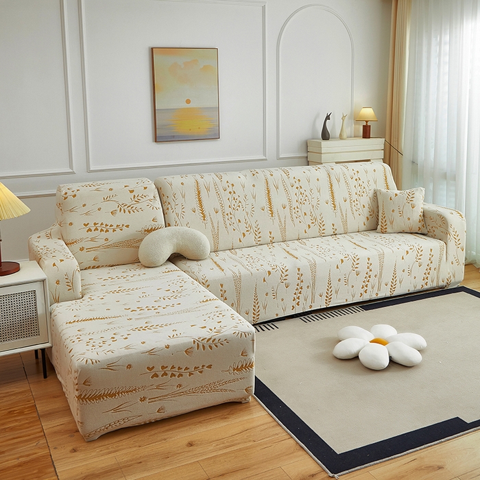 91家纺网 家纺一手货源 找家纺 丝绮鹿 2025新款雕花绒-麦浪沙发套松紧款（贵妃图）麦浪系列 麦浪-奶白