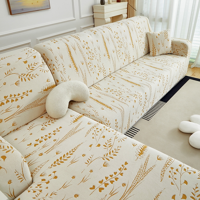 91家纺网 家纺一手货源 找家纺 丝绮鹿 2025新款雕花绒-麦浪沙发套松紧款（贵妃图）麦浪系列 麦浪-奶白