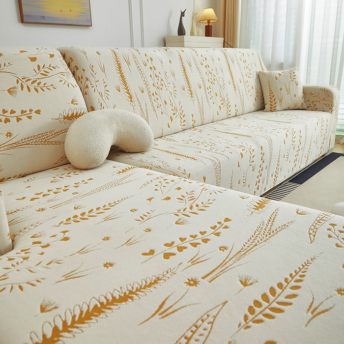 91家纺网 家纺一手货源 找家纺 丝绮鹿 2025新款雕花绒-麦浪沙发套松紧款（贵妃图）麦浪系列 麦浪-奶白