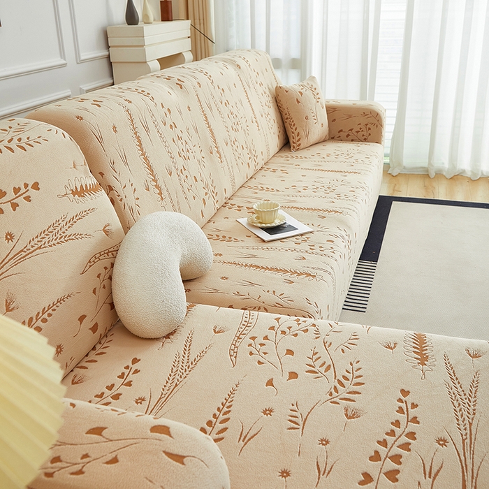 91家纺网 家纺一手货源 找家纺 丝绮鹿 2025新款雕花绒-麦浪沙发套松紧款（贵妃图）麦浪系列 麦浪-浅茶