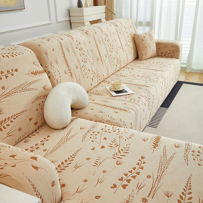 91家纺网 家纺一手货源 找家纺 丝绮鹿 2025新款雕花绒-麦浪沙发套松紧款（贵妃图）麦浪系列 麦浪-浅茶