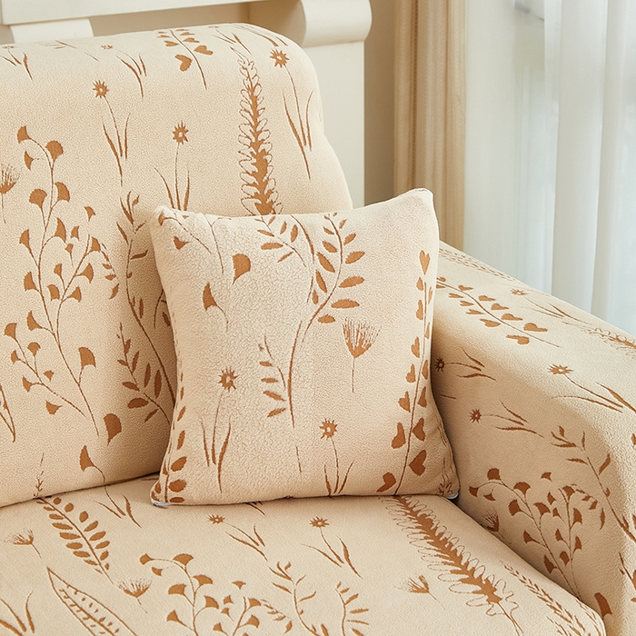 91家纺网 家纺一手货源 找家纺 丝绮鹿 2025新款雕花绒-麦浪沙发套松紧款（贵妃图）麦浪系列 麦浪-浅茶