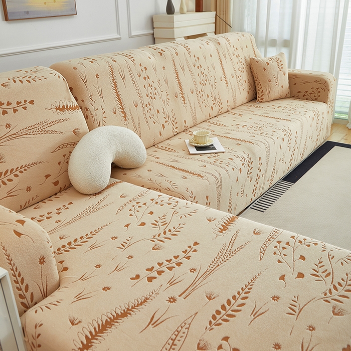 91家纺网 家纺一手货源 找家纺 丝绮鹿 2025新款雕花绒-麦浪沙发套松紧款（贵妃图）麦浪系列 麦浪-浅茶