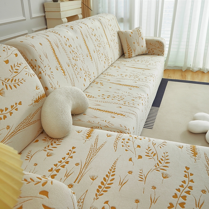 91家纺网 家纺一手货源 找家纺 丝绮鹿 2025新款雕花绒-麦浪沙发套松紧款（贵妃图）麦浪系列 麦浪-奶白
