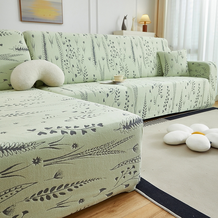 91家纺网 家纺一手货源 找家纺 丝绮鹿 2025新款雕花绒-麦浪沙发套松紧款（贵妃图）麦浪系列 麦浪-草绿