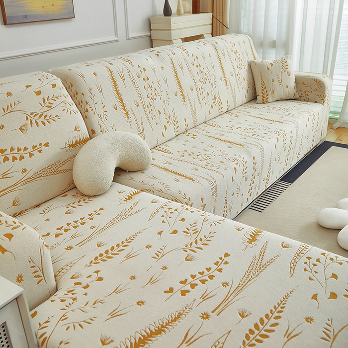 91家纺网 家纺一手货源 找家纺 丝绮鹿 2025新款雕花绒-麦浪沙发套松紧款（贵妃图）麦浪系列 麦浪-奶白