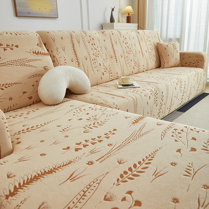 91家纺网 家纺一手货源 找家纺 丝绮鹿 2025新款雕花绒-麦浪沙发套松紧款（贵妃图）麦浪系列 麦浪-浅茶