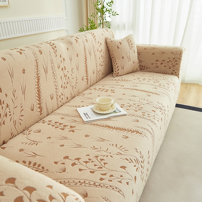 91家纺网 家纺一手货源 找家纺 丝绮鹿 2025新款雕花绒-麦浪沙发套松紧款（三人图）麦浪系列 麦浪-浅茶