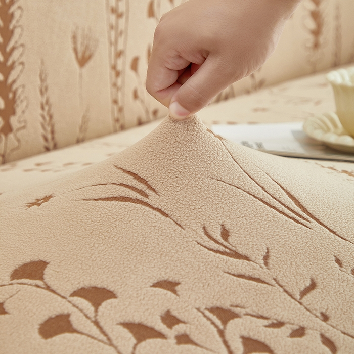 91家纺网 家纺一手货源 找家纺 丝绮鹿 2025新款雕花绒-麦浪沙发套松紧款（三人图）麦浪系列 麦浪-浅茶