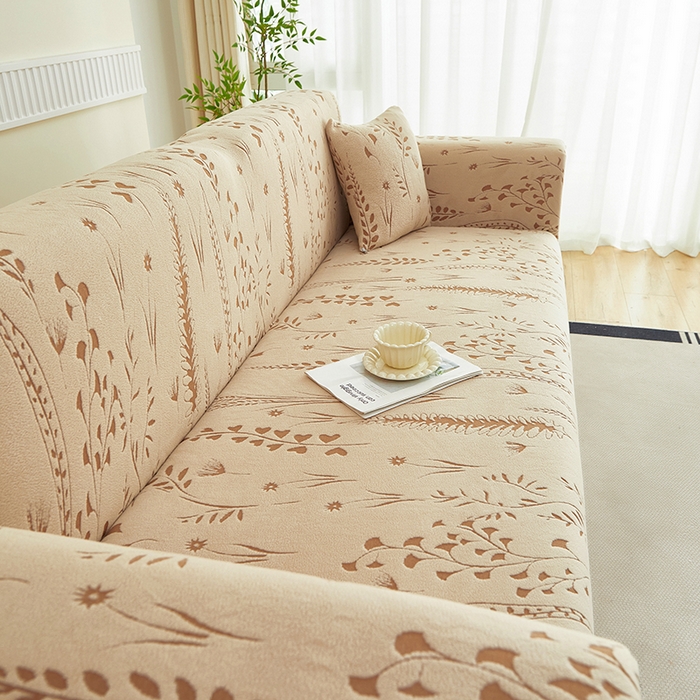 91家纺网 家纺一手货源 找家纺 丝绮鹿 2025新款雕花绒-麦浪沙发套松紧款（三人图）麦浪系列 麦浪-浅茶