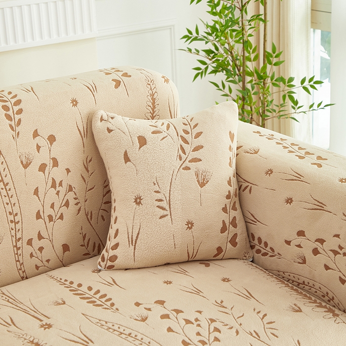 91家纺网 家纺一手货源 找家纺 丝绮鹿 2025新款雕花绒-麦浪沙发套松紧款（三人图）麦浪系列 麦浪-浅茶