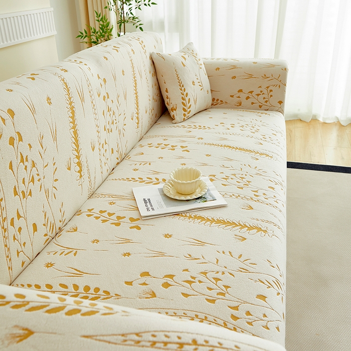 91家纺网 家纺一手货源 找家纺 丝绮鹿 2025新款雕花绒-麦浪沙发套松紧款（三人图）麦浪系列 麦浪-奶白