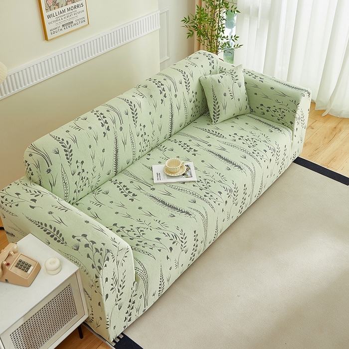 91家纺网 家纺一手货源 找家纺 丝绮鹿 2025新款雕花绒-麦浪沙发套松紧款（三人图）麦浪系列 麦浪-草绿