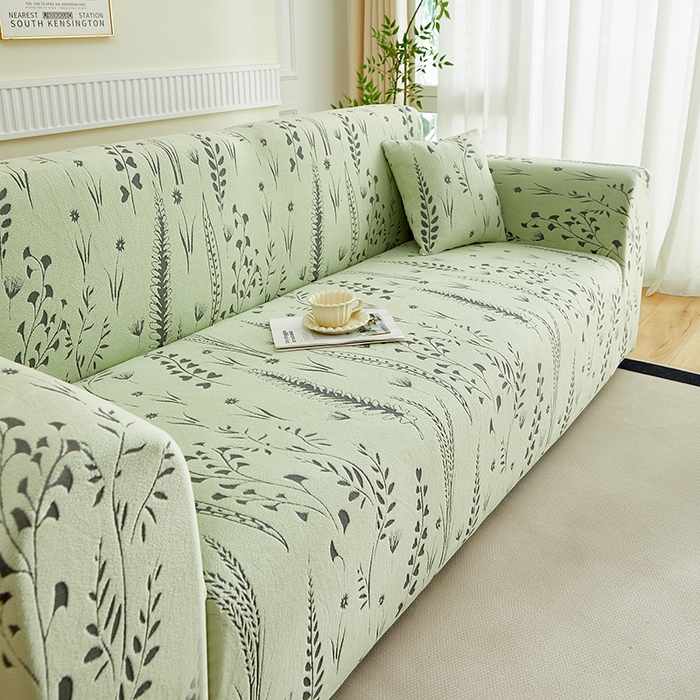 91家纺网 家纺一手货源 找家纺 丝绮鹿 2025新款雕花绒-麦浪沙发套松紧款（三人图）麦浪系列 麦浪-草绿