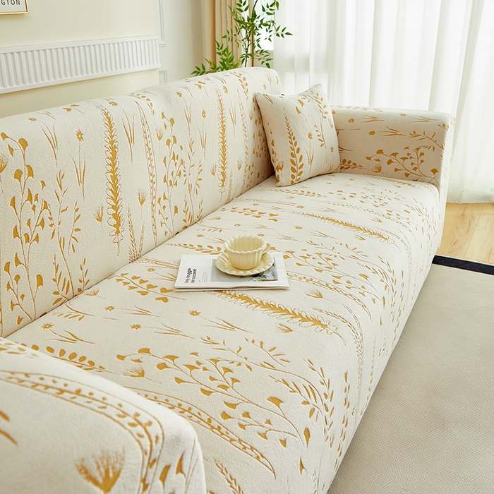 91家纺网 家纺一手货源 找家纺 丝绮鹿 2025新款雕花绒-麦浪沙发套松紧款（三人图）麦浪系列 麦浪-奶白