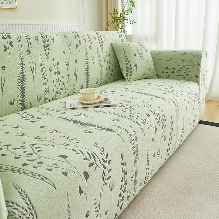 91家纺网 家纺一手货源 找家纺 丝绮鹿 2025新款雕花绒-麦浪沙发套松紧款（三人图）麦浪系列 麦浪-草绿